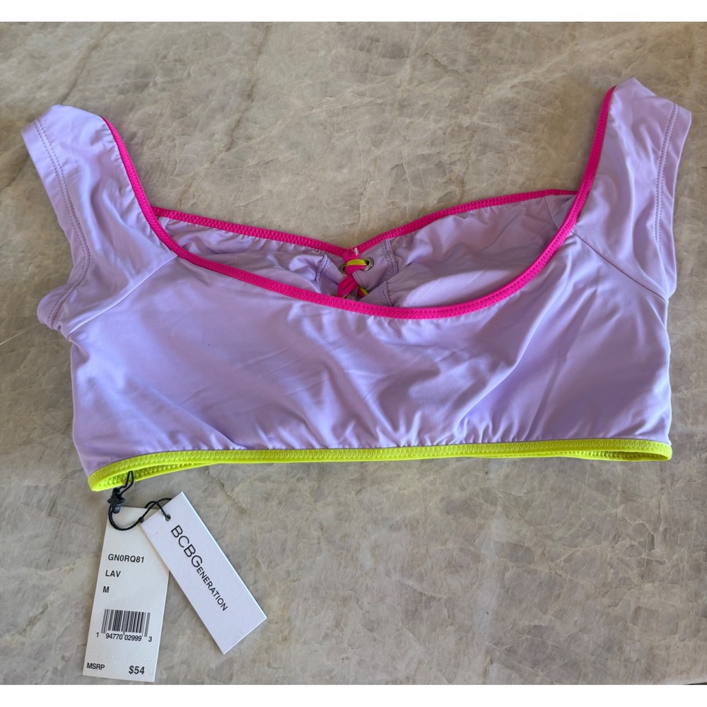 NWT BCBGeneration Lavender Neon Pink Lime Lace Up Bikini Top Medium *Read - Picture 2 of 5